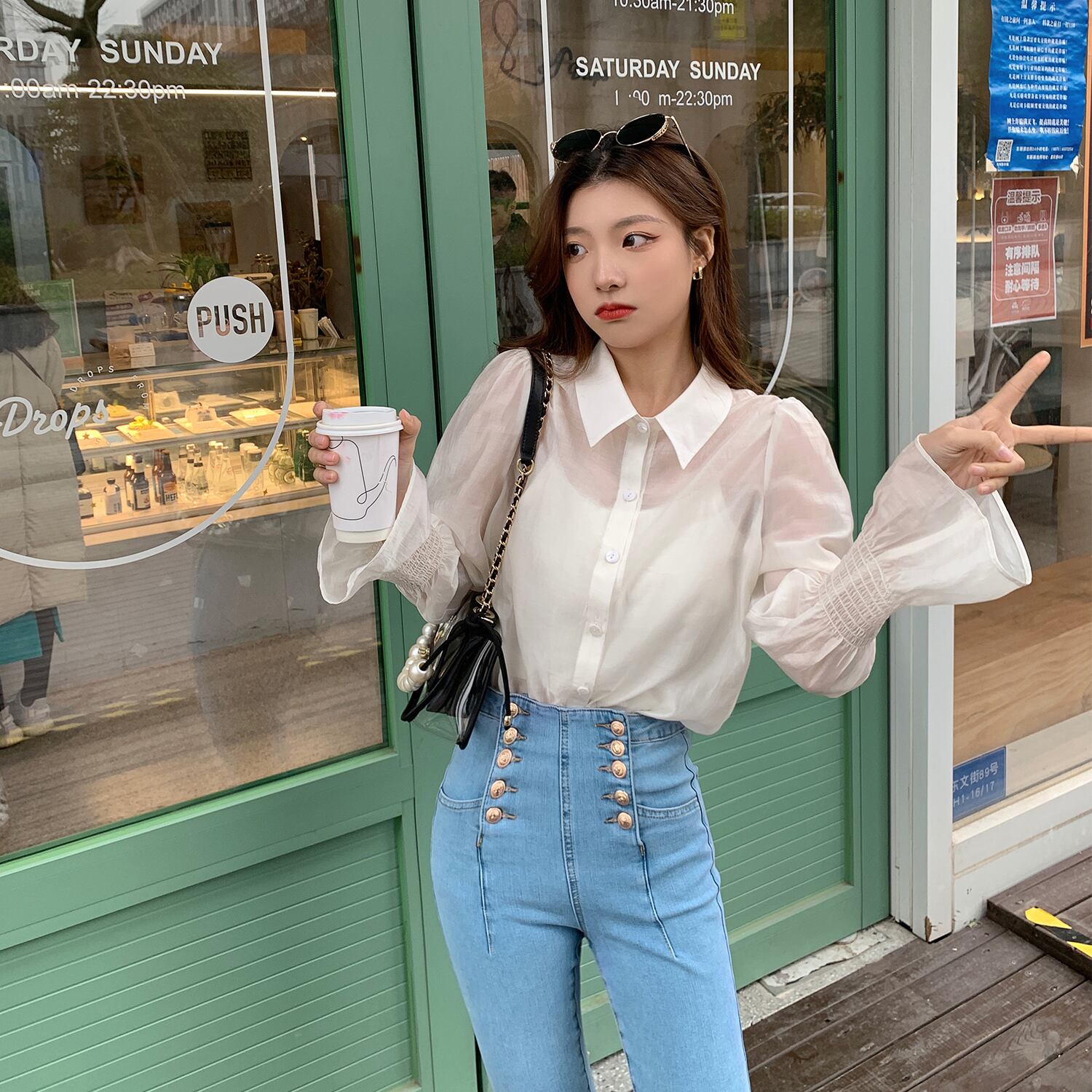 ホワイトサマースリーブシャツ シフォントップス ロング 夏物 HUCHUJING33891555775