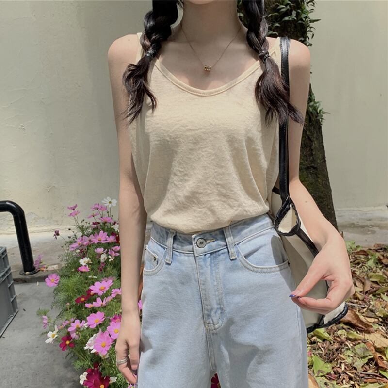 ソリッド カラーサマールーズVネックノースリーブシャツ トップス 夏物 ソリッドカラー YY-ファッション1924662915