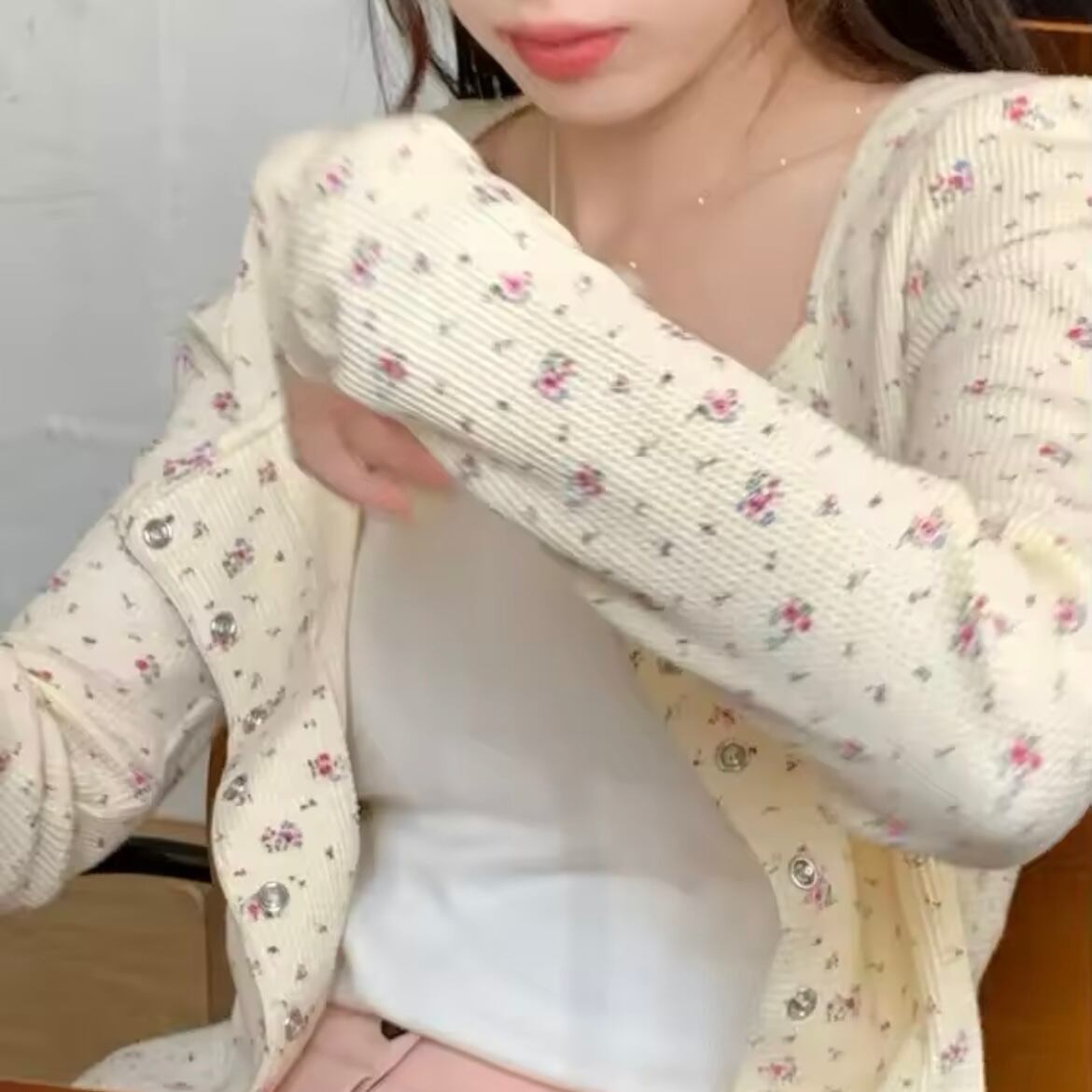 スクエアネックフローラルワッフルカーディガン