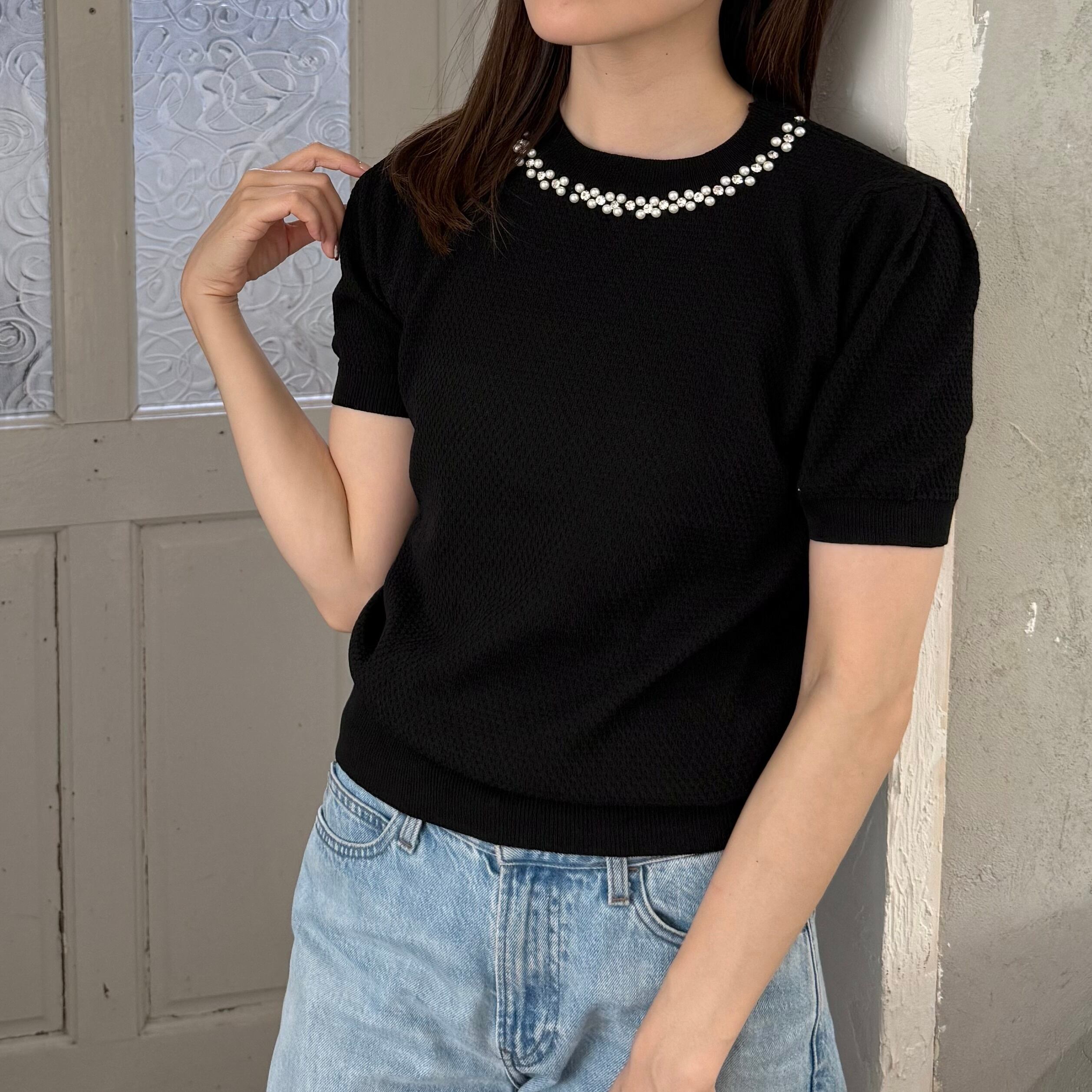 ビジュー付き半袖ニット［50031］ | conforobe(コンフォローブ)