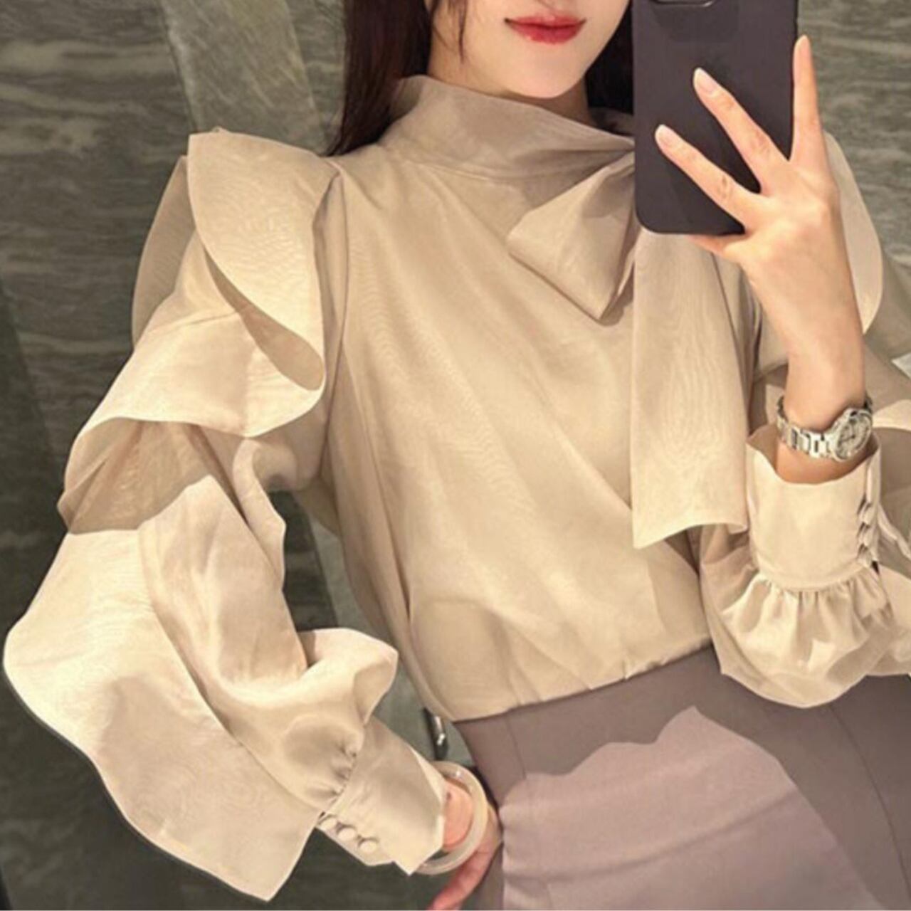 スタンドネックリボン ボリューム ブラウス T048