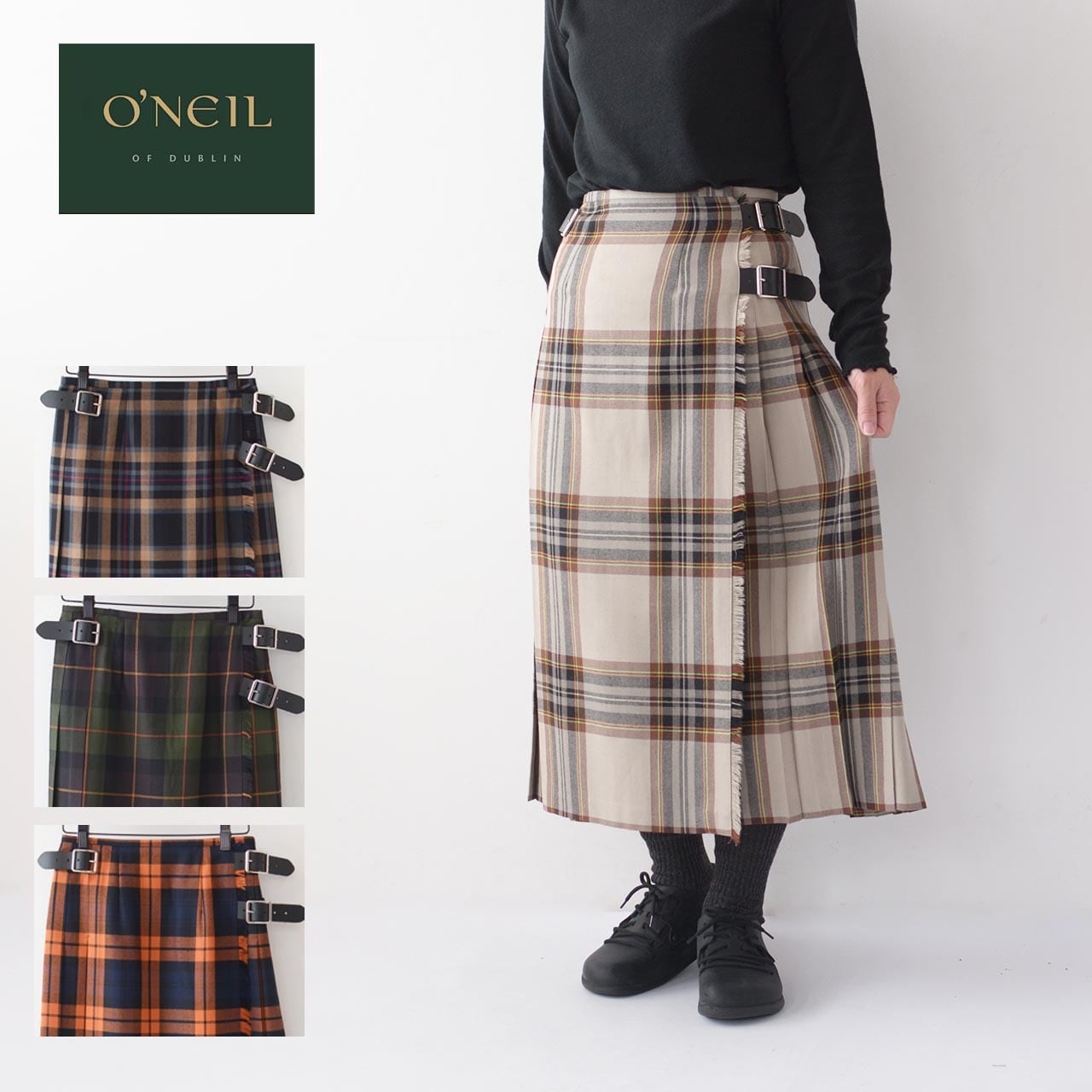 O'NEIL OF DUBLIN [オニールオブダブリン] WORSTED WOOL-TARTAN MIDDLE KILT SKIRT [12477]  ウーステッドウール タータンミドルキルトスカート・キルトスカート・ミドル丈スカート・タータンチェック・チェックスカート・LADY'S ...