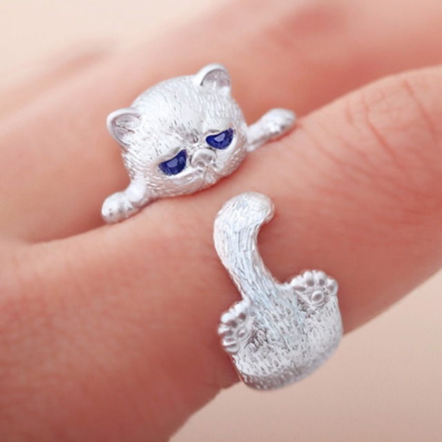 【送料無料】猫 ねこ シルバー リング 子猫 フリーサイズ 猫耳 しっぽ 指輪 ジュエリー 立体 アクセサリー 猫雑貨 猫グッズ ブルーアイシリーズ