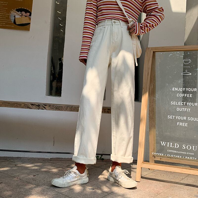 スプリングパンツ ホワイトオータムルーズワイドレッグハイウェストウェストスリムジーンズ 春物 秋物 ワイドパンツ 試着室30344517778