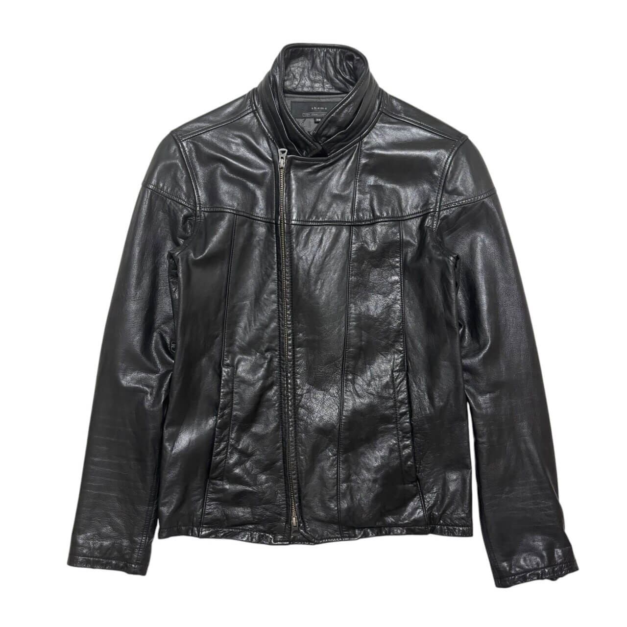 古着 シャマ ライダースジャケット クリーニング済み SHAMA 牛革 リアルレザー 黒 サイズ38 メンズS レディースL相当