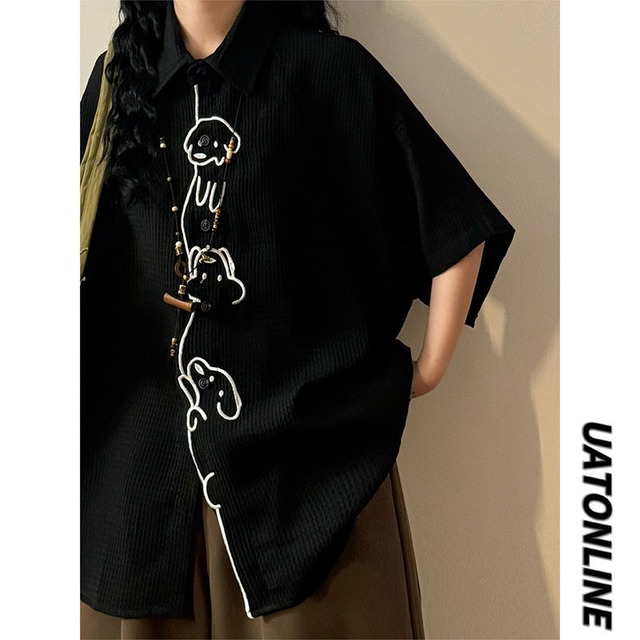 【UATONLINEシリーズ】★シャツ★ 2color 刺繍 ユニセックス トップス メンズ カジュアル 半袖 犬 犬柄