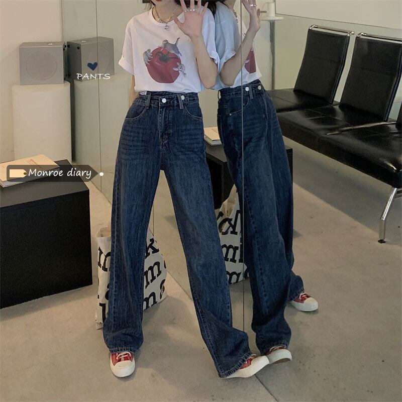 スタイルスタンダードブルーハイウェストウェストジーンズ スプリングオータム薄手ルーズワイドレッグパンツ レトロ 春物 秋物 ワイドパンツ モンロー53497936423