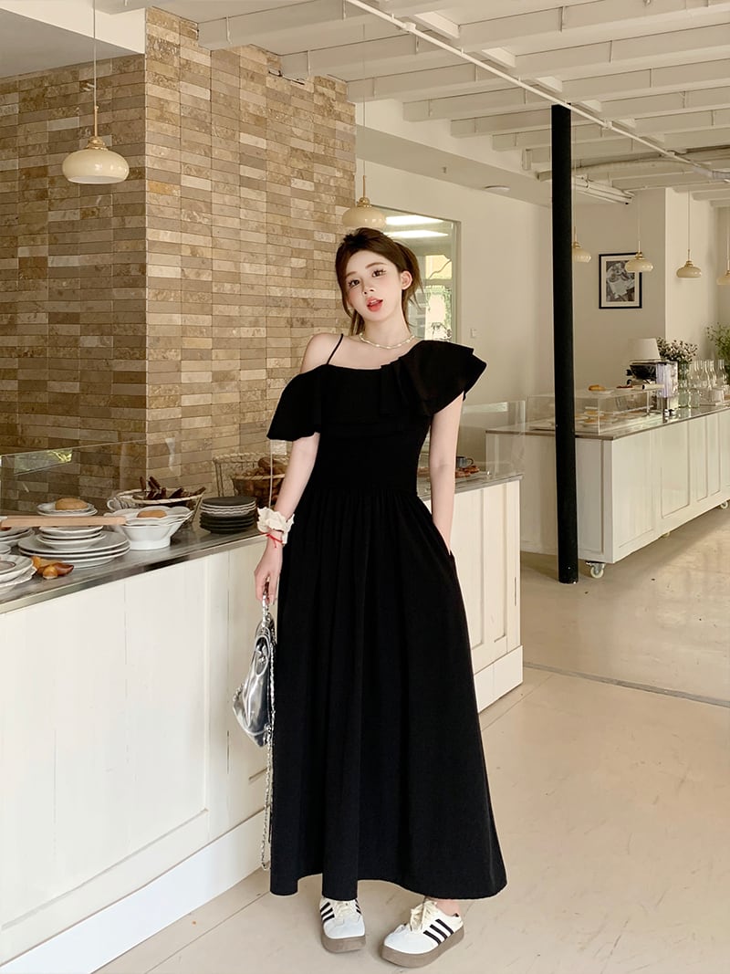 ワンショルダー フリル ワンピース ロング丈 フェアリー Z936 ロングワンピース レディース ワンショルダー ワンピース ロング