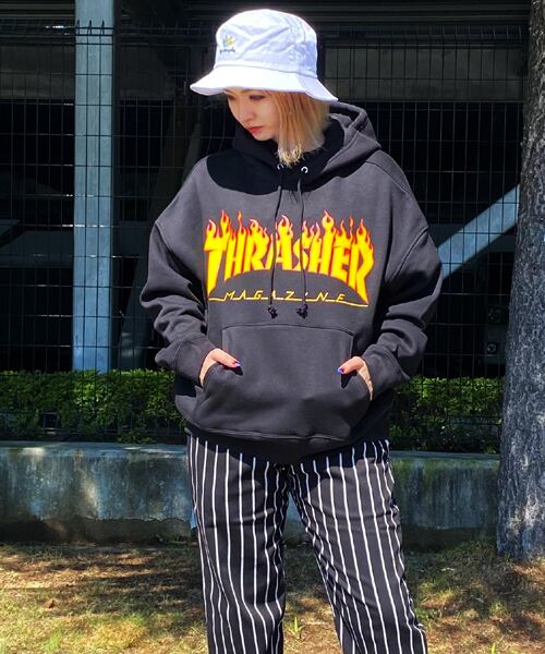 THRASHER(スラッシャー) ビッグシルエット FLAME Pull Over フレイム マグロゴ プルオーバーパーカー ブラック TH95130BS