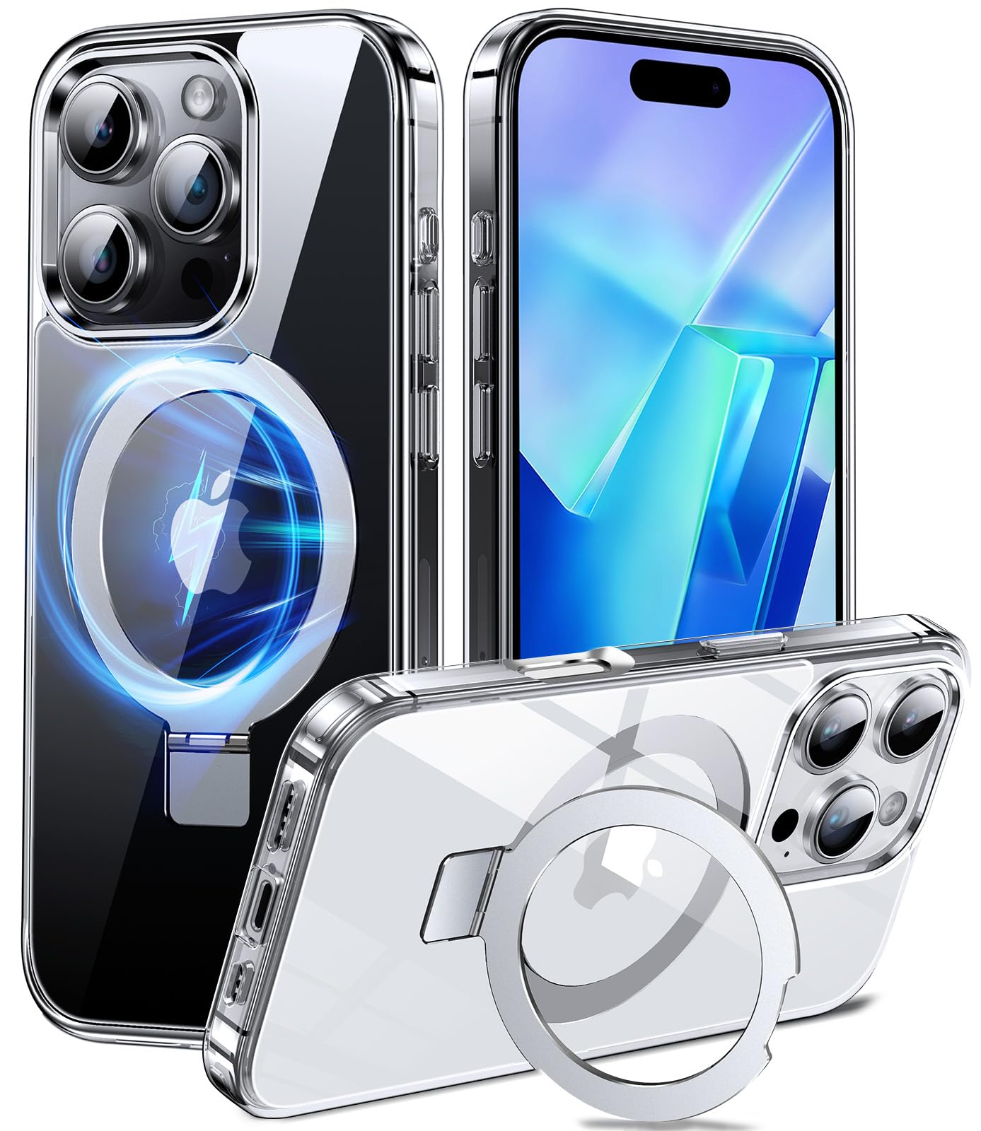 3イン1多機能 MagSafe対応+スタンド+リング Chicfun いphone16 Pro Max ケース スタンド リング【横縦両立・角度調整】 リング マグネット搭載 MagSafe対応 ワイヤレス充電対応 スマホケース iPhone 16 Pro Max 米軍MIL規格 耐衝撃 高耐久性 指紋防止/マット仕上げ iPhone 16 Pro Max ケース(クリア)