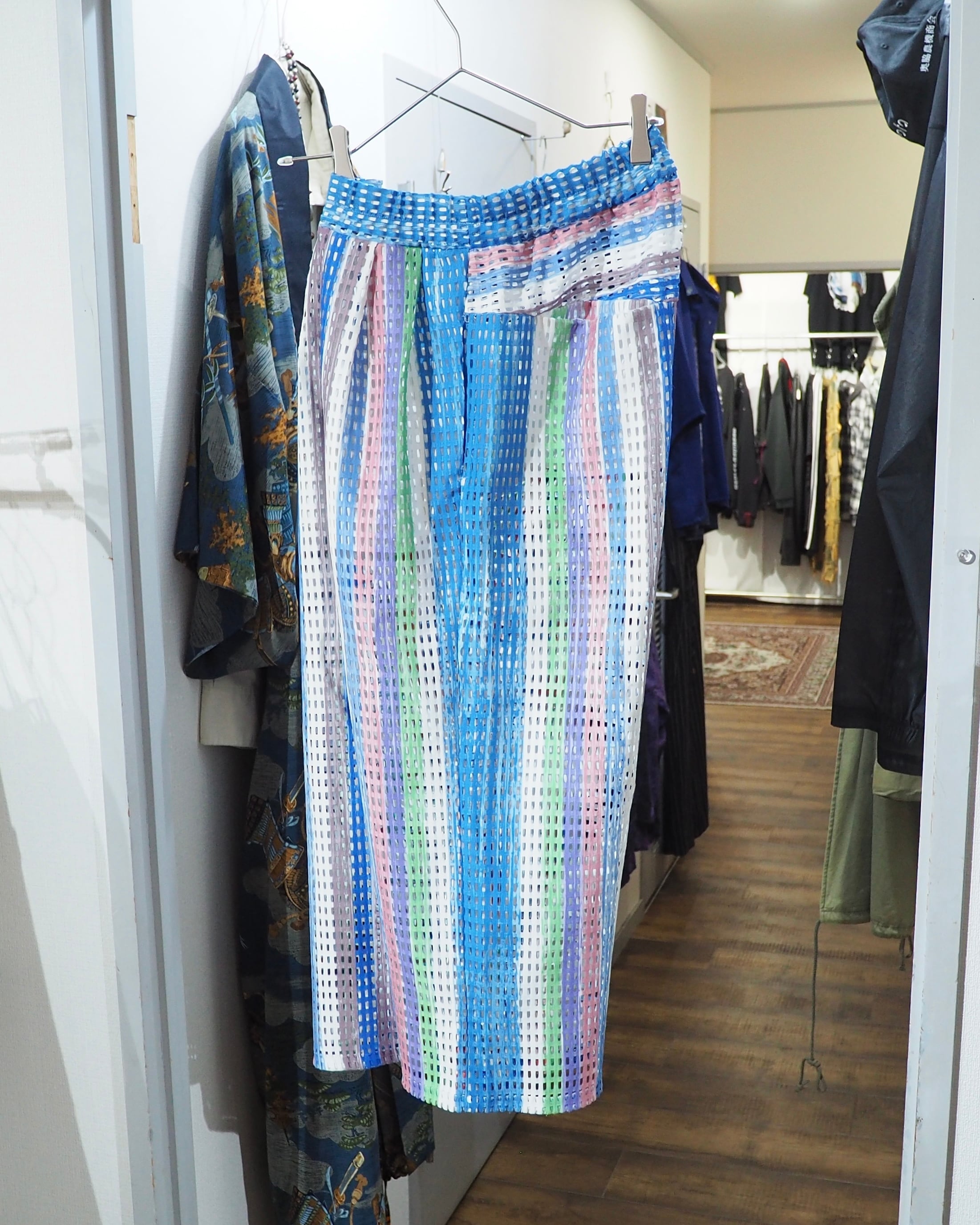 16SS " PLASTIC TOKYO " Multi Color Stripe painted Sheer Wide Pants
