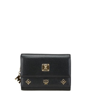 エム シー エム ロゴ金具 三つ折り財布 ブラック レザー レディース MCM 【中古】
