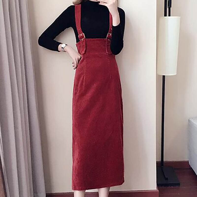 コーデュロイ サスペンダー付き タイト スカート ハイウエスト レディース ボトムス タイトスカート ミモレ丈 ロング丈 すっきり Iライン バッククロス 細畝 綿 ポリエステル シンプル カジュアル 大人 可愛い フェミニン 上品 おしゃれ 脚長効果 普段使い デート 秋冬 赤 茶 コーデュロイスカート サスペンダー付き スカート ボトムス タイト