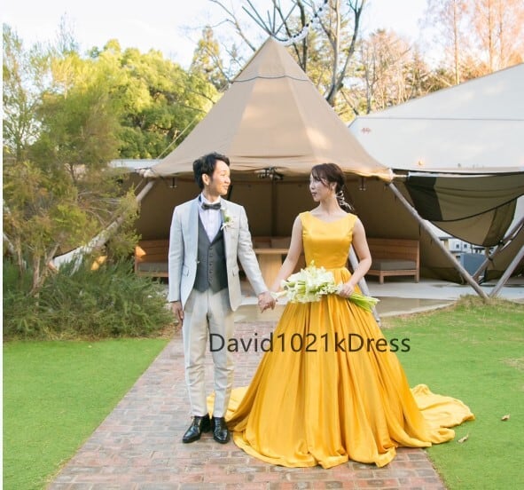 カラードレス 結婚式ドレス イエロー 前撮り トレーン 挙式 2次会  