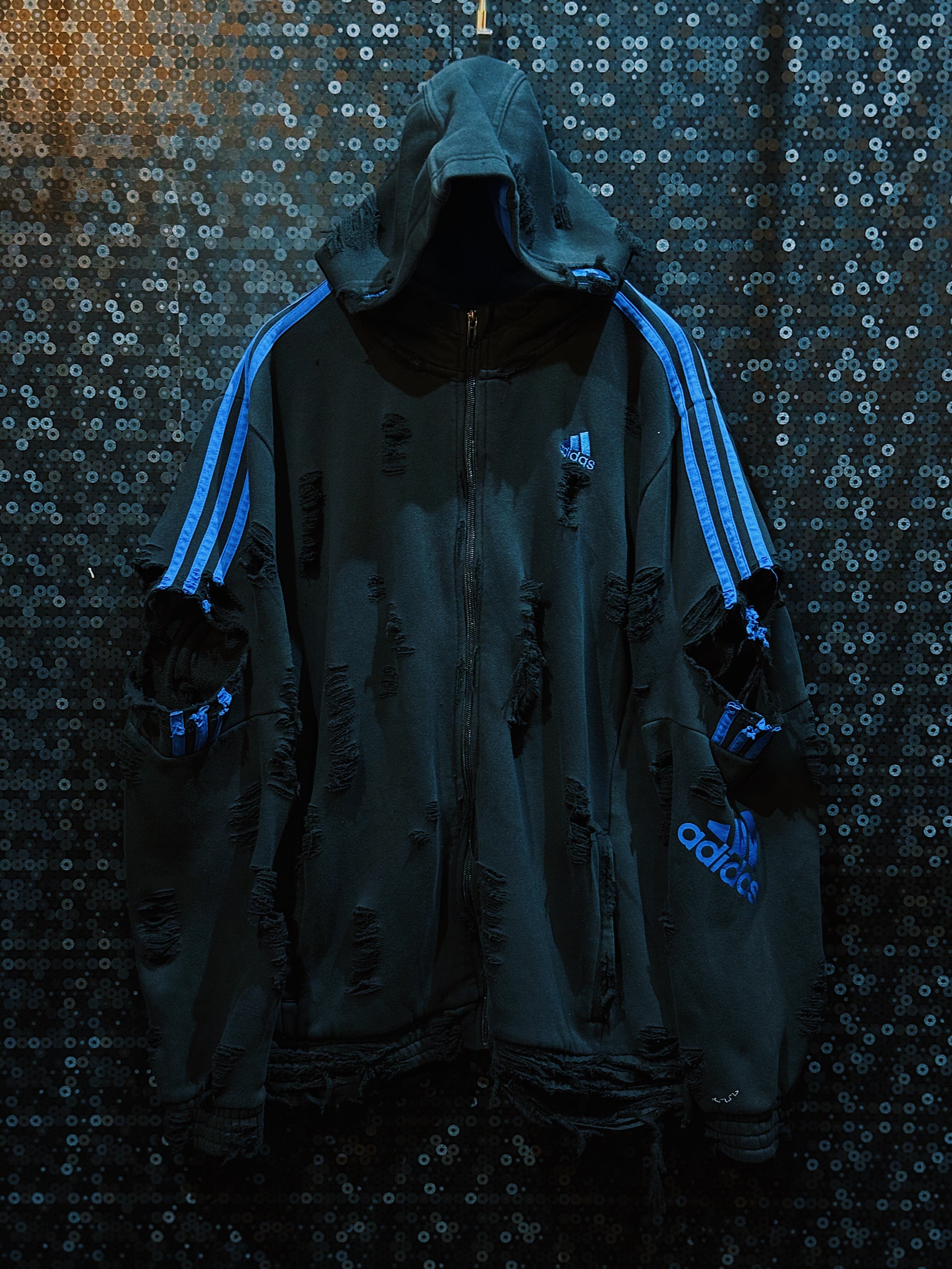 【ÆIEM】original"boro"remake adidas performance chest &arm logo Blue three stripe full zip hoodie