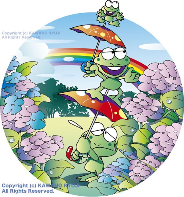 雨上がりのカエルと虹と紫陽花 ベクターイラスト販売 Kawano ストックイラスト直販所