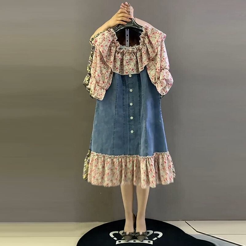 サマーラウンドネックフローラルドレス ウェスト薄手ロングスカート 大きめサイズ 夏物 花柄 Oネック ステッチ ミックスインファッション7022831924