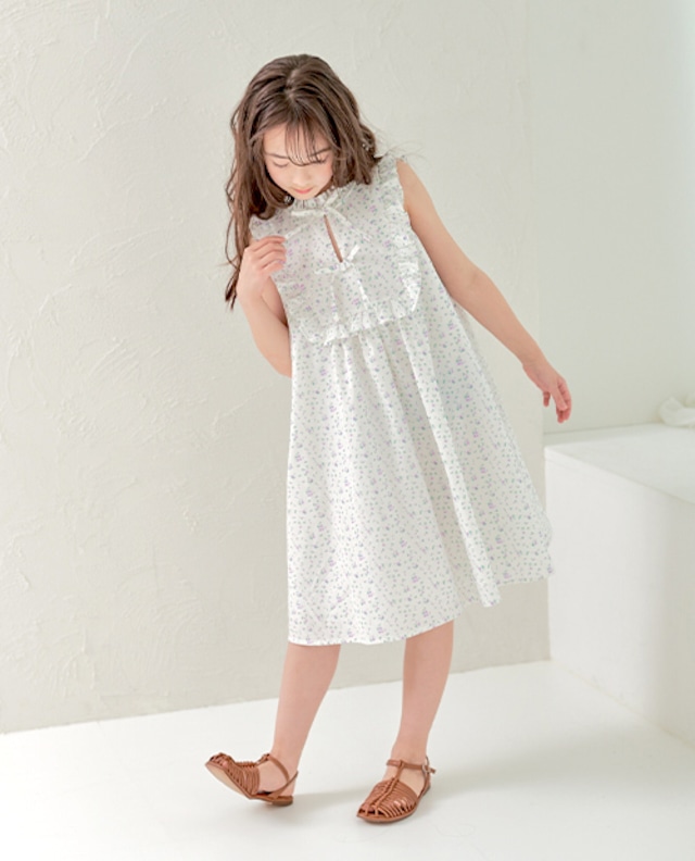 スタンド襟Wリボンワンピース〈Purple flower〉