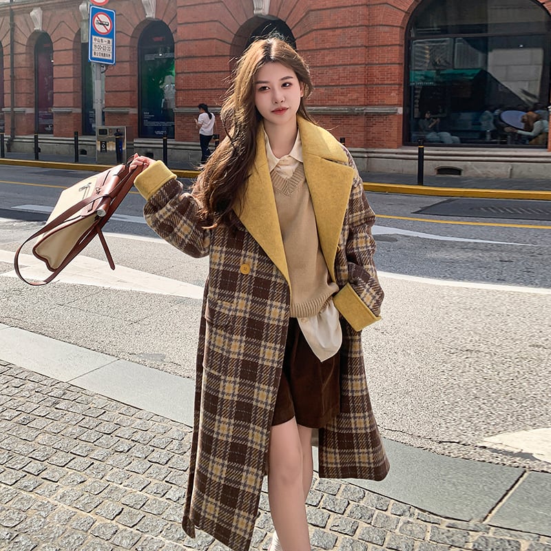 ＊美品＊t.b ♡チェック柄コート　ウールコート 冬の女性用チェック柄コントラストカラーのパッチワークウールコート