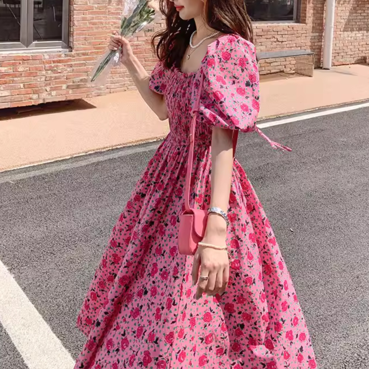Square Neck Puff Sleeve Floral Dress 5091