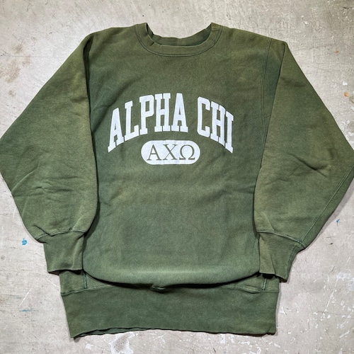 90's Champion チャンピオン リバースウィーブスウェット ALPHA CHI OMEGA AXΩ フラタニティ カプセル２段プリント フェードグリーン 刺繍タグ XLサイズ USA製 希少 ヴィンテージ BA-2337 RM2756H