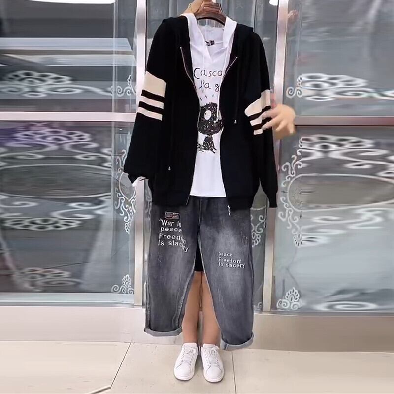 2020年秋ニュースタイルプラスサイズファットmmフード付きジャケット女性ウエスタンスタイル漫画Tシャツ200ポンド薄いジーンズファッション ミックスインファッション69533257111