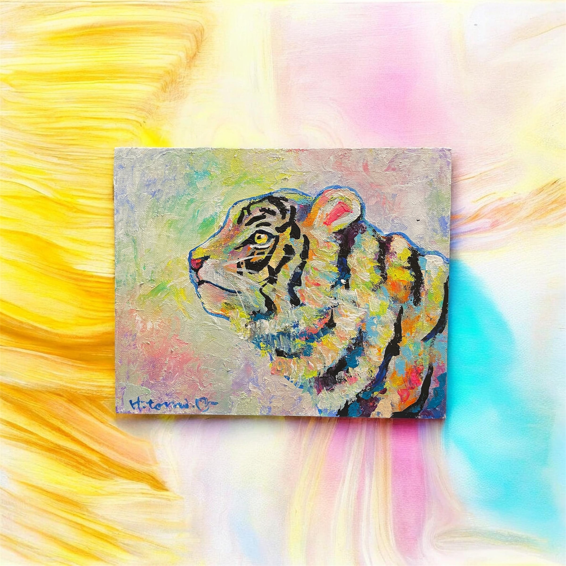 A-119/26】原画 絵画 動物画 虎 カラフル 27.3×22cmキャンバス 真作