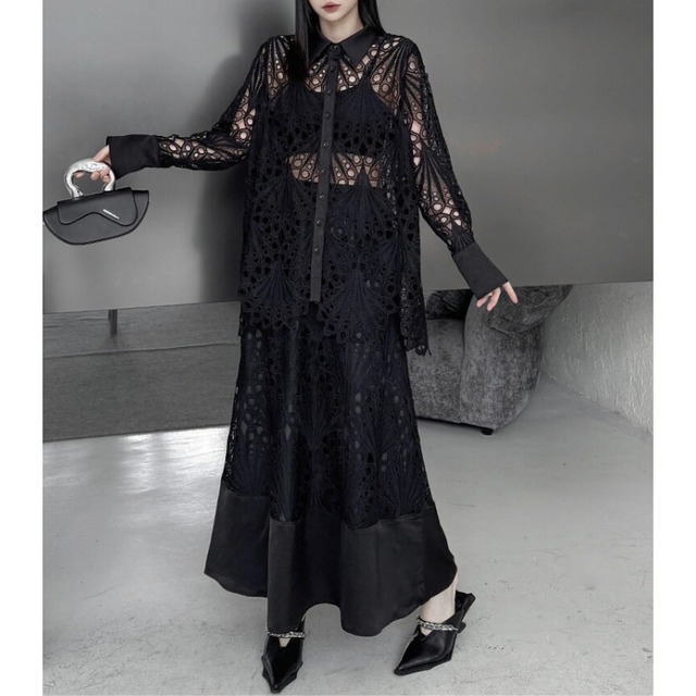 Cutwork lace shirt & skirt setup C1476