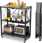 折りたたみラック 3段 置物 折りたたみラック メタルラック スチールラック オープンシェルフ キッチンラック 組み立て簡単 キャスター付き 黒
