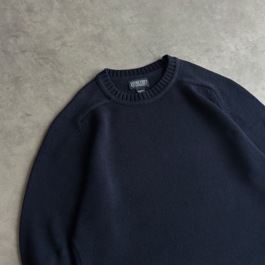 LANDS END◇90S/USA製/ヘンリーネック/コットンニット/L/コットン/BLK 