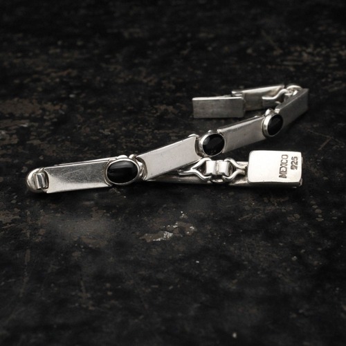 Vintage Silver Chain Bracelet [MEXICO SILVER × ONYX] Heavy Plate
