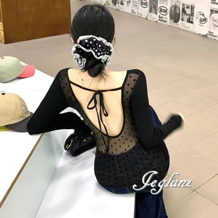 Tシャツ カットソー ブラウス 異素材 水玉 バックシャン 肌見せ(MA688)σ,ς*