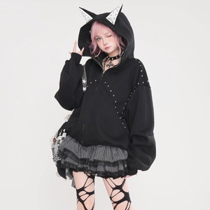 アップライトフーディイヤージップアップパンクパーカー(2カラーあり)(lli_6385)