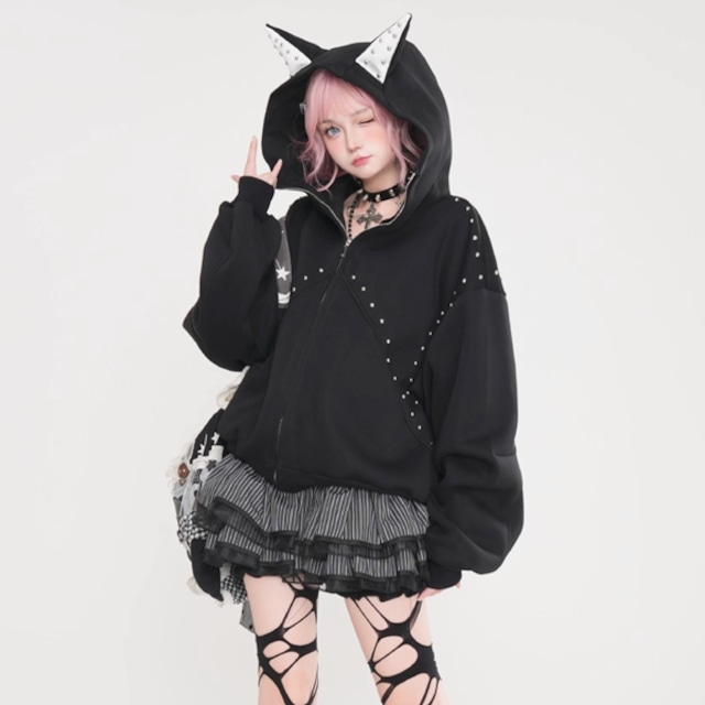 アップライトフーディイヤージップアップパンクパーカー(2カラーあり)(lli_6385)