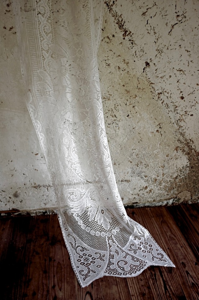 フランス 222c アールデコ的花々のあるロングレースカーテン アンティーク