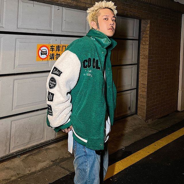 【予約販売】スタジャン ボア ブルゾン 防寒 メンズ アウター ワッペン ジャケット ショート丈 オーバーサイズ ブラック グリーン こなれ感 お洒落 韓国 トレンド 秋 冬 M/L/XL