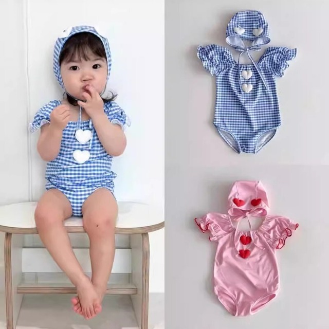 ベビー　夏新作 韓国風  水着 チェック柄 プール・温泉・ビーチ対応