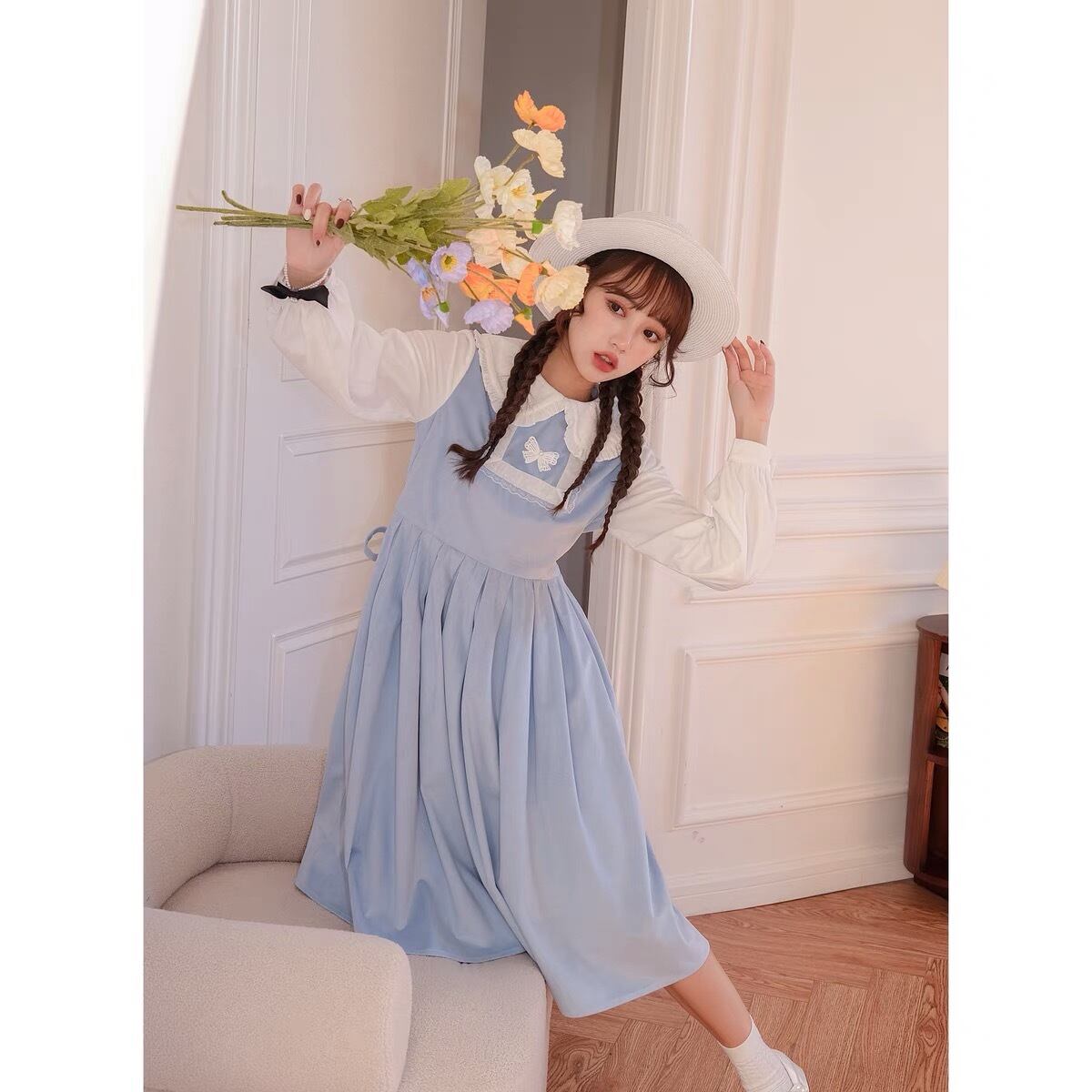 ワンピース チェック 黒 水色 ワンピース 制服 スクール パンダ