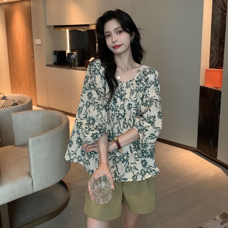 カジュアルサマースタンダードフローラルシャツ ストレッチウェストショーツ レトロ エラスティック 伸縮 夏物 ブルマー 花柄 1号婦人45543302033