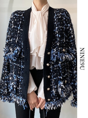 tweed no-collar tassel jacket 2color【NINE7052】