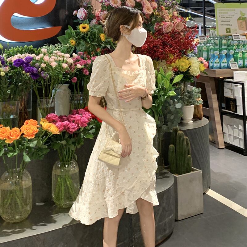 スリーブフローラルドレス サマースタイルスカート 夏物 花柄 スクウェア 試着室47024665206