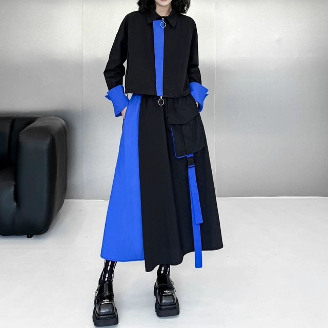 CONTRAST DESIGN JACKET & A-LINE LONG SKIRT SET 2pieces 1color M-10264