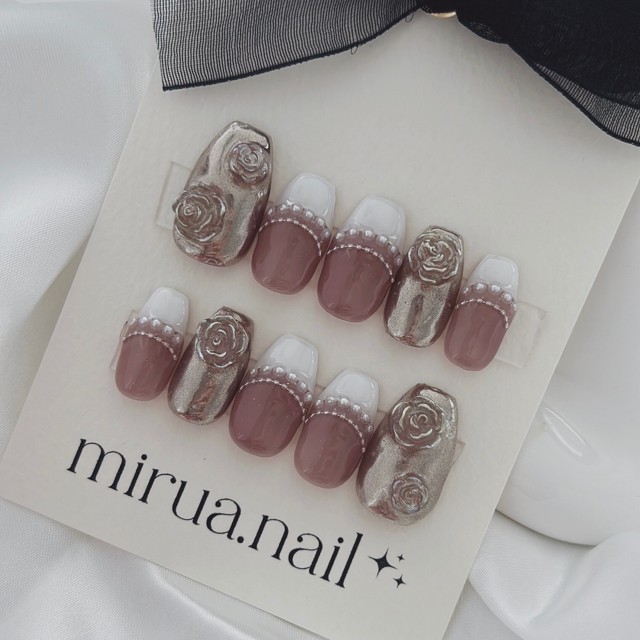 即納可 現品ネイルチップ 薔薇ネイル ミラーネイル フレンチネイル  