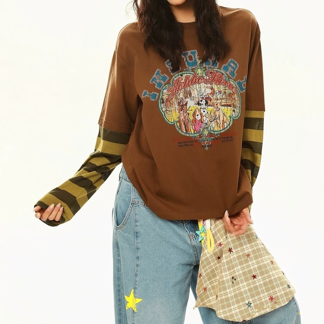 レトロアニマルプリントボーダースリーブドッキングTシャツ 2col   R02584