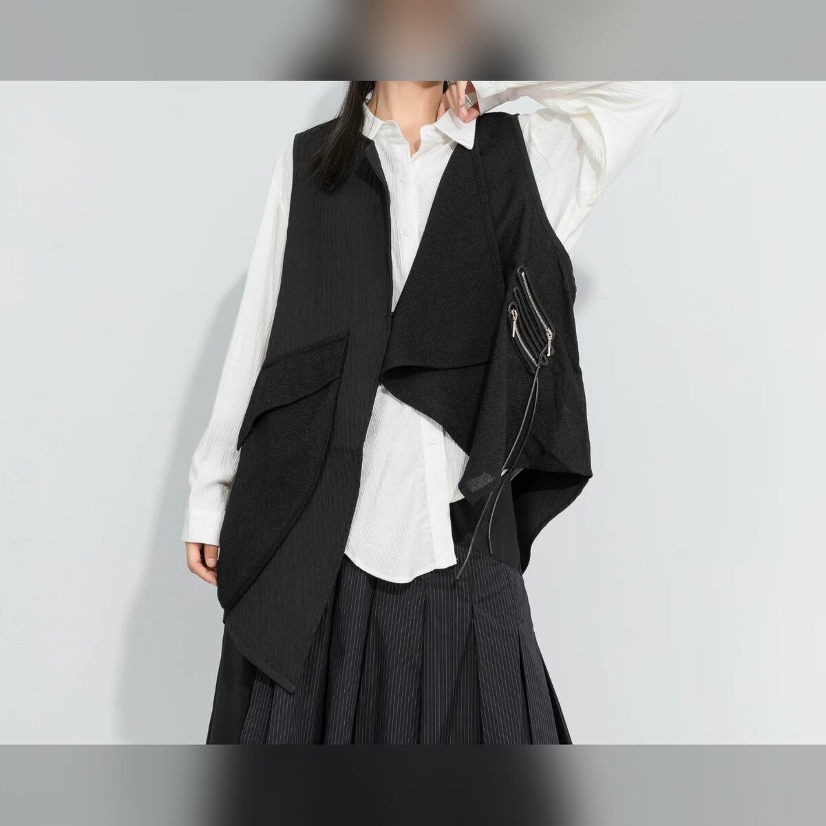 アシンメトリー ジップディテール ドレープ ベスト 1color JK0376