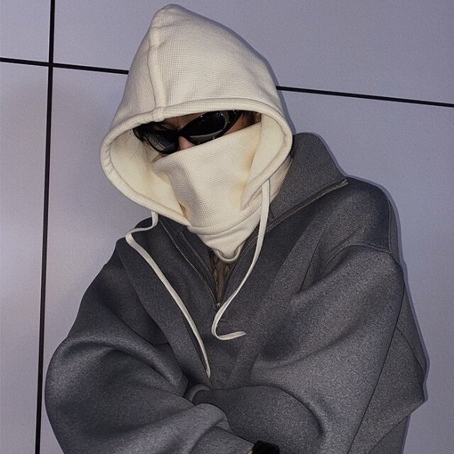 【予約販売】ニット帽 バラクラバ ネックウォーマー フード フーディ イヤーウォーマー メンズ ストリート アウトドア カジュアル 防寒 ホワイト/ブラック/ベージュ/グレー ダンス ヒップホップ こなれ感 お洒落 韓国 トレンド スキー スノボ