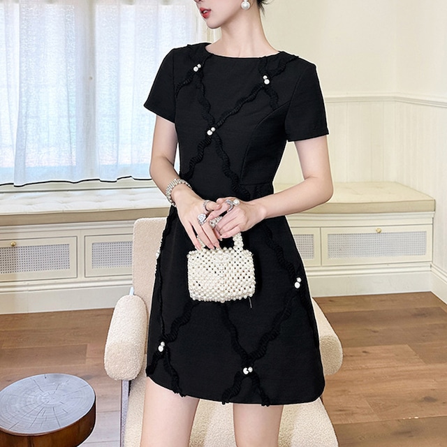 【夕暮薔薇シリーズ】ワンピース ラウンドネック 半袖 気質溢れる ブラック S M L XL