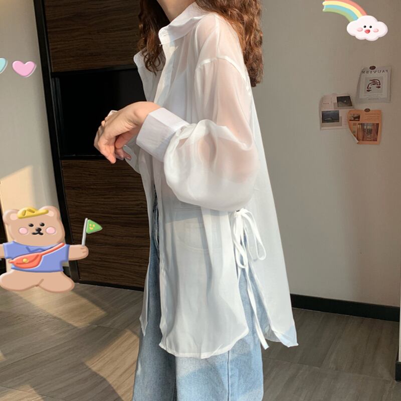 ホワイトシャツ レディースサマー薄手トップス ジャケット ロング レース 夏物 レースアップ スーパーモール32917423432