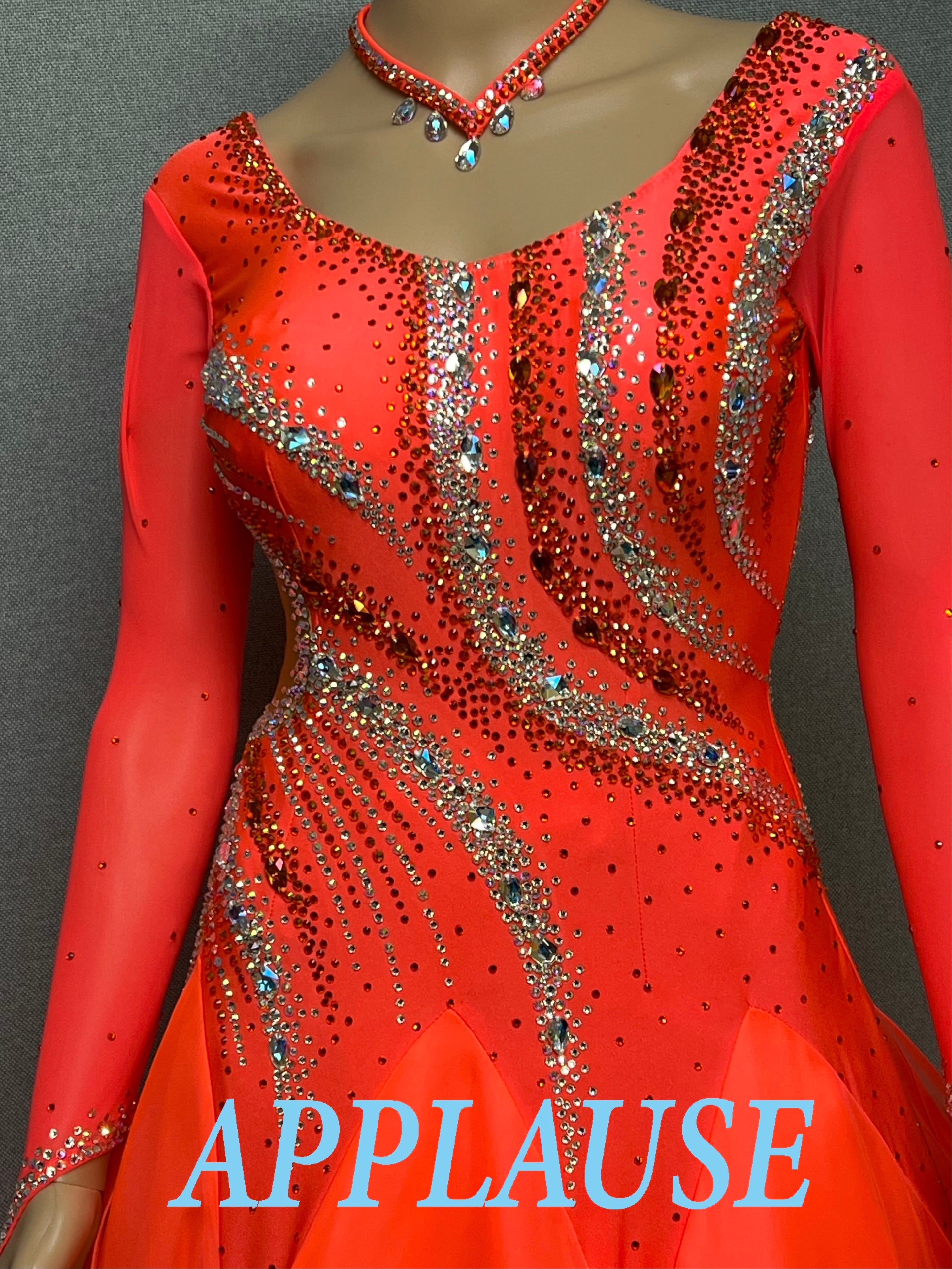 【新着】社交ダンス ドレス　モダン　スタンダード ドレス　ST-26-２　タンジェリンオレンジ　M〜L　デモ・競技用ドレス　発表会　衣装　パーティドレス　ワンピース　舞台衣装