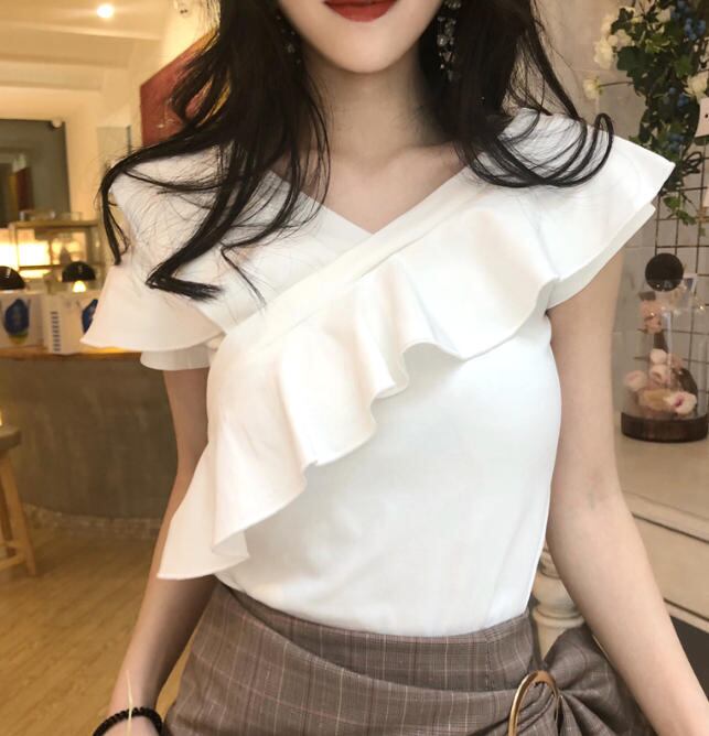 2way Tシャツ トップス オフショルダー フリル アシンメトリー おしゃれ セクシー 大人可愛い 半袖 Luluca 韓国トレンドファッションluluca ルルカ